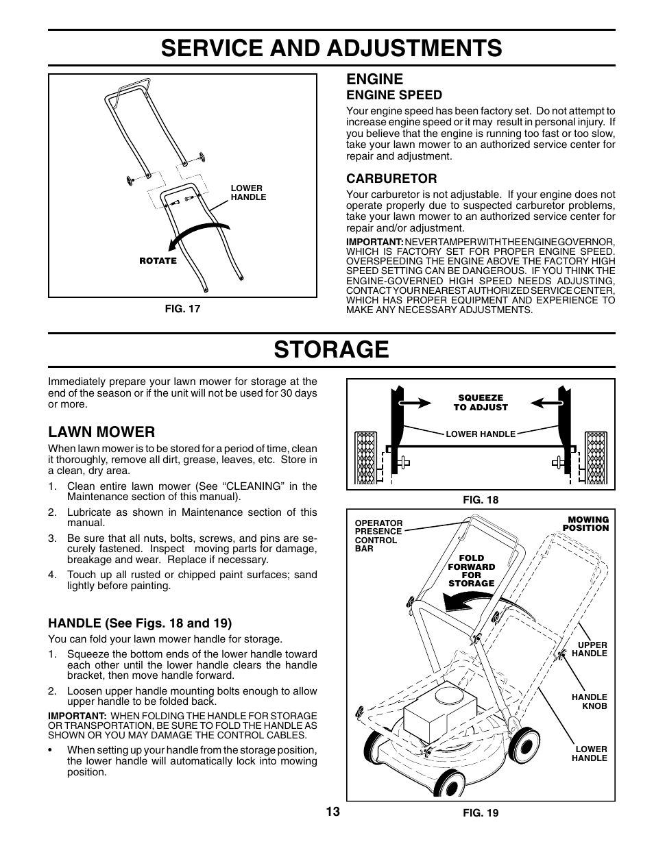 Storage, Service and adjustments storage, Engine | Lawn mower | Husqvarna 67522ES User Manual | Page 13 / 20