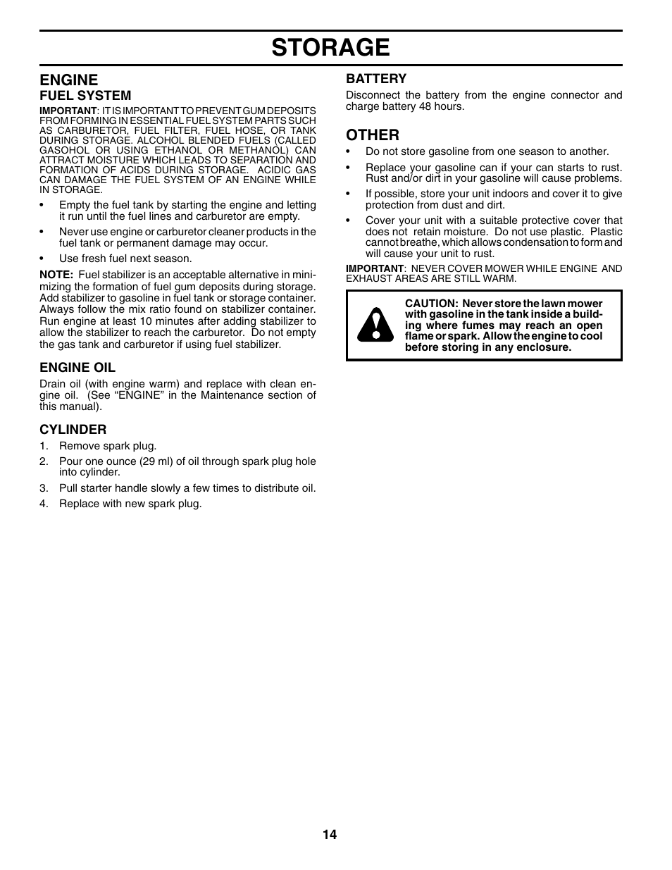 Storage, Engine, Other | Husqvarna 67522ES User Manual | Page 14 / 20