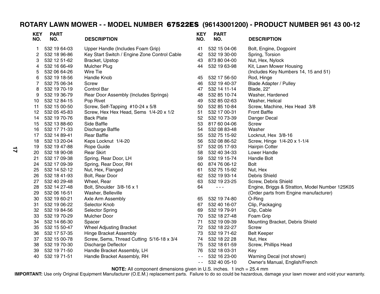 Parts list | Husqvarna 67522ES User Manual | Page 17 / 20