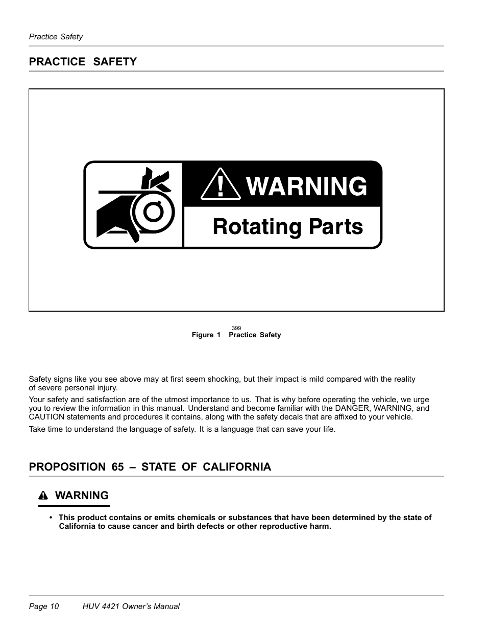 Practice safety, Proposition 65 – state of california, Proposition 65 – state of california warning | Husqvarna HUV 4421 4421-G/GX/GXL User Manual | Page 12 / 68