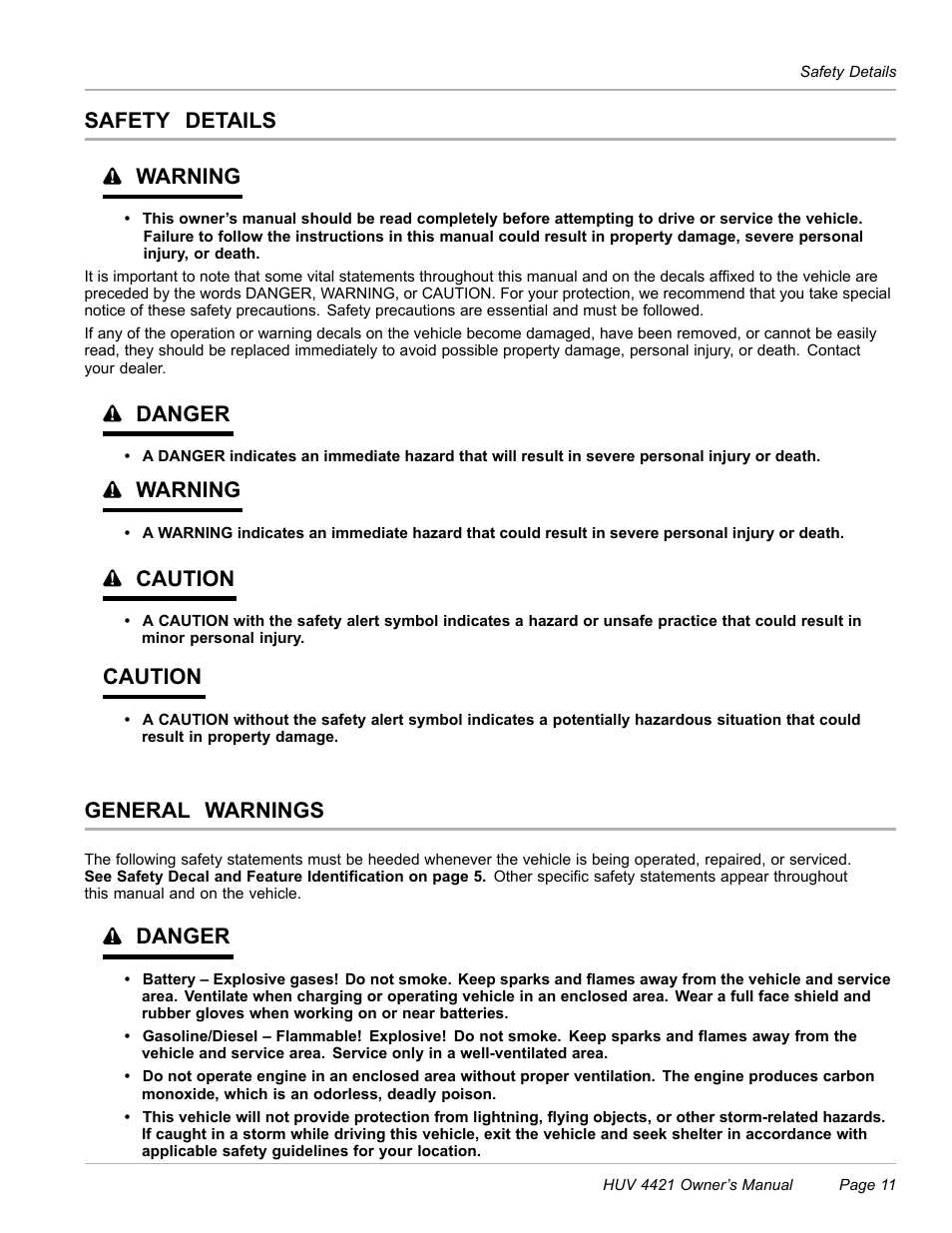 Safety details, General warnings, Safety details warning | Danger, Warning, Caution | Husqvarna HUV 4421 4421-G/GX/GXL User Manual | Page 13 / 68