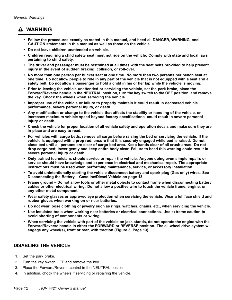 Disabling the vehicle, Warning | Husqvarna HUV 4421 4421-G/GX/GXL User Manual | Page 14 / 68