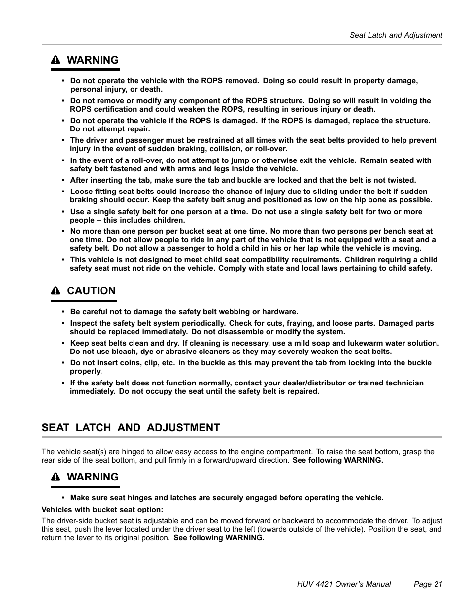 Seat latch and adjustment, Warning, Caution | Husqvarna HUV 4421 4421-G/GX/GXL User Manual | Page 23 / 68