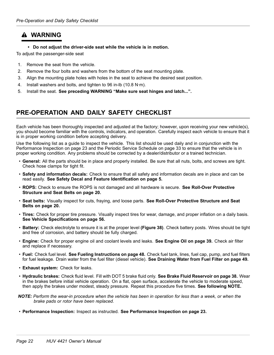 Pre-operation and daily safety checklist, Warning | Husqvarna HUV 4421 4421-G/GX/GXL User Manual | Page 24 / 68