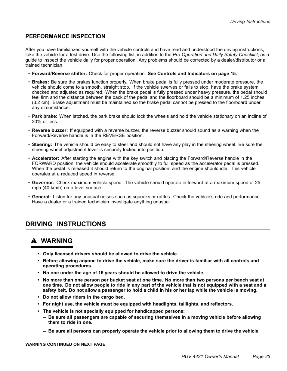 Performance inspection, Driving instructions, Driving instructions warning | Husqvarna HUV 4421 4421-G/GX/GXL User Manual | Page 25 / 68