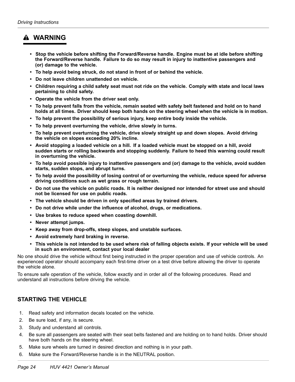 Starting the vehicle, Warning | Husqvarna HUV 4421 4421-G/GX/GXL User Manual | Page 26 / 68