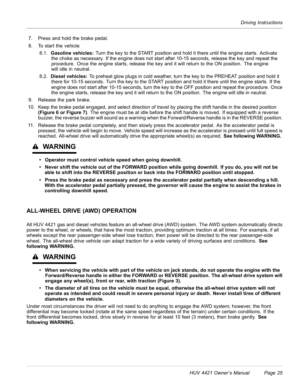 All-wheel drive (awd) operation, Warning | Husqvarna HUV 4421 4421-G/GX/GXL User Manual | Page 27 / 68