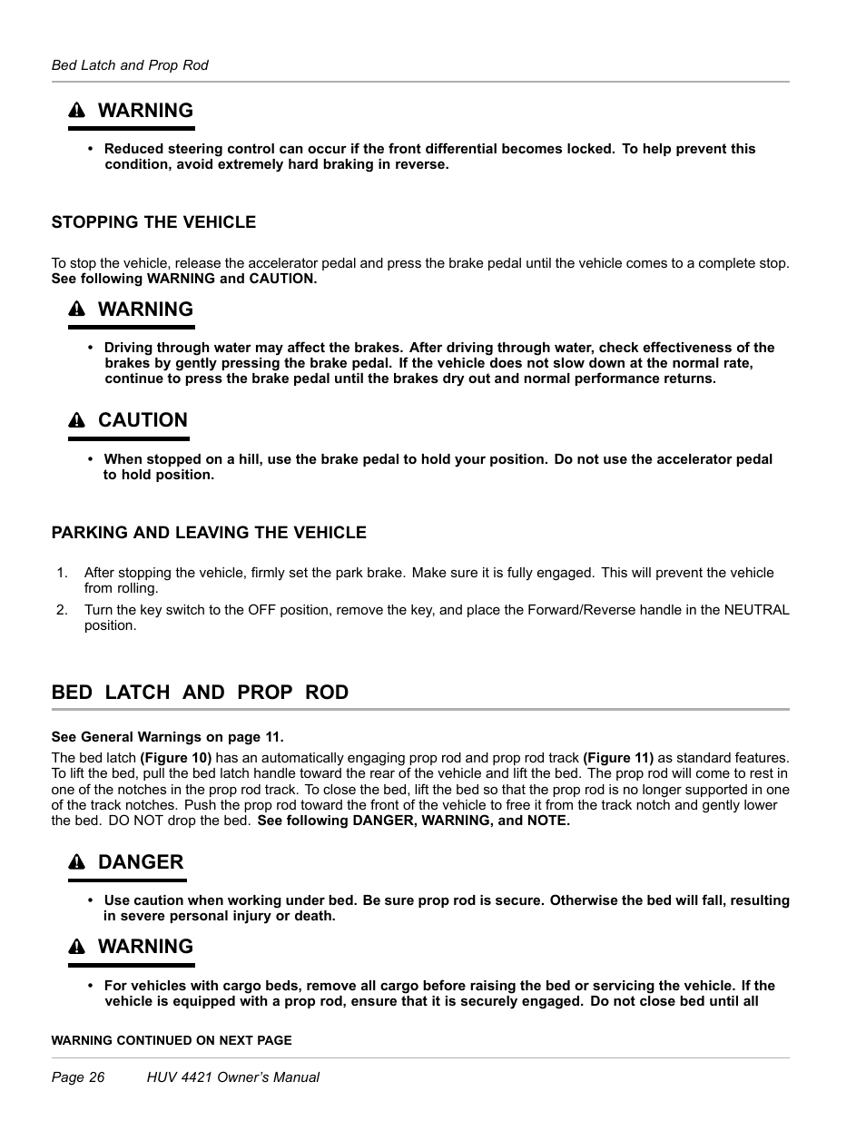 Stopping the vehicle, Parking and leaving the vehicle, Bed latch and prop rod | Warning, Caution, Danger | Husqvarna HUV 4421 4421-G/GX/GXL User Manual | Page 28 / 68