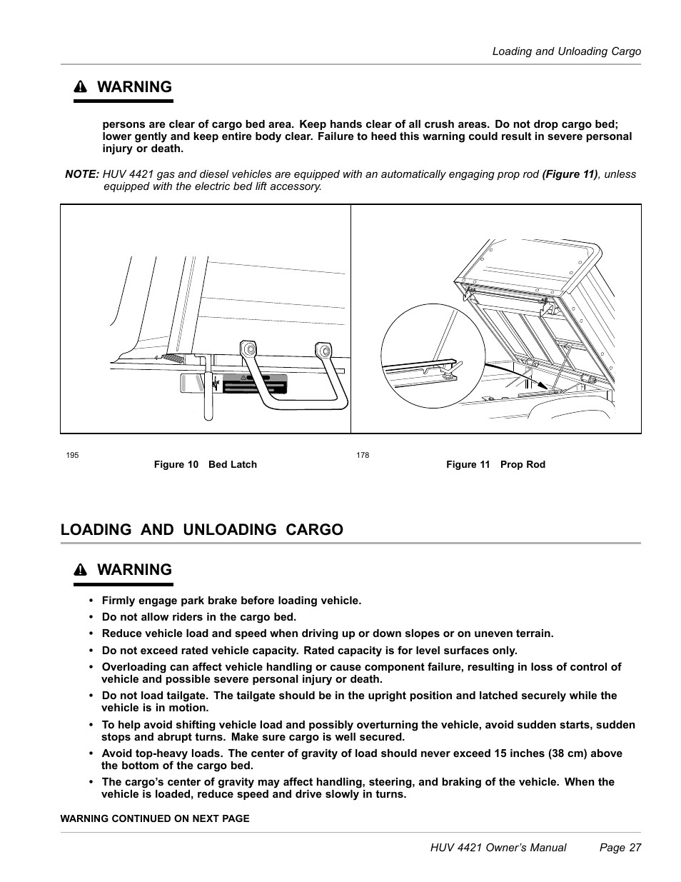 Loading and unloading cargo, Warning, Loading and unloading cargo warning | Husqvarna HUV 4421 4421-G/GX/GXL User Manual | Page 29 / 68