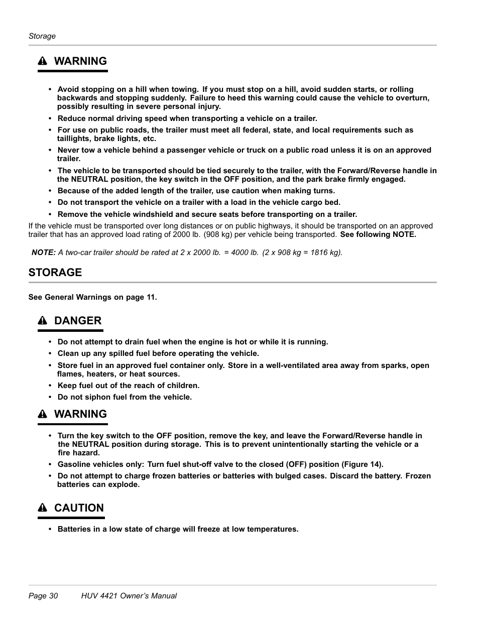 Storage, Warning, Danger | Caution | Husqvarna HUV 4421 4421-G/GX/GXL User Manual | Page 32 / 68