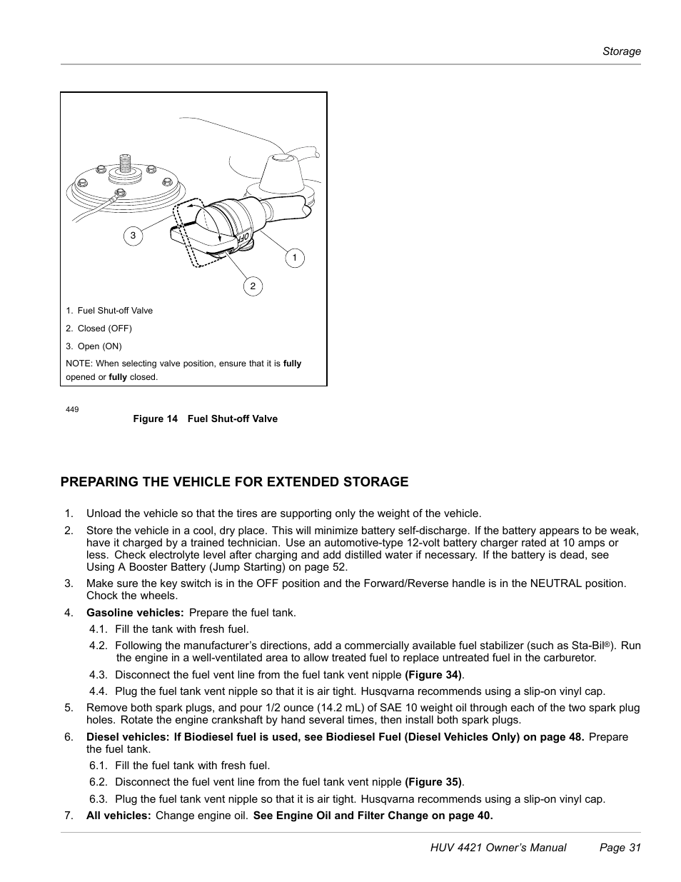 Preparing the vehicle for extended storage | Husqvarna HUV 4421 4421-G/GX/GXL User Manual | Page 33 / 68