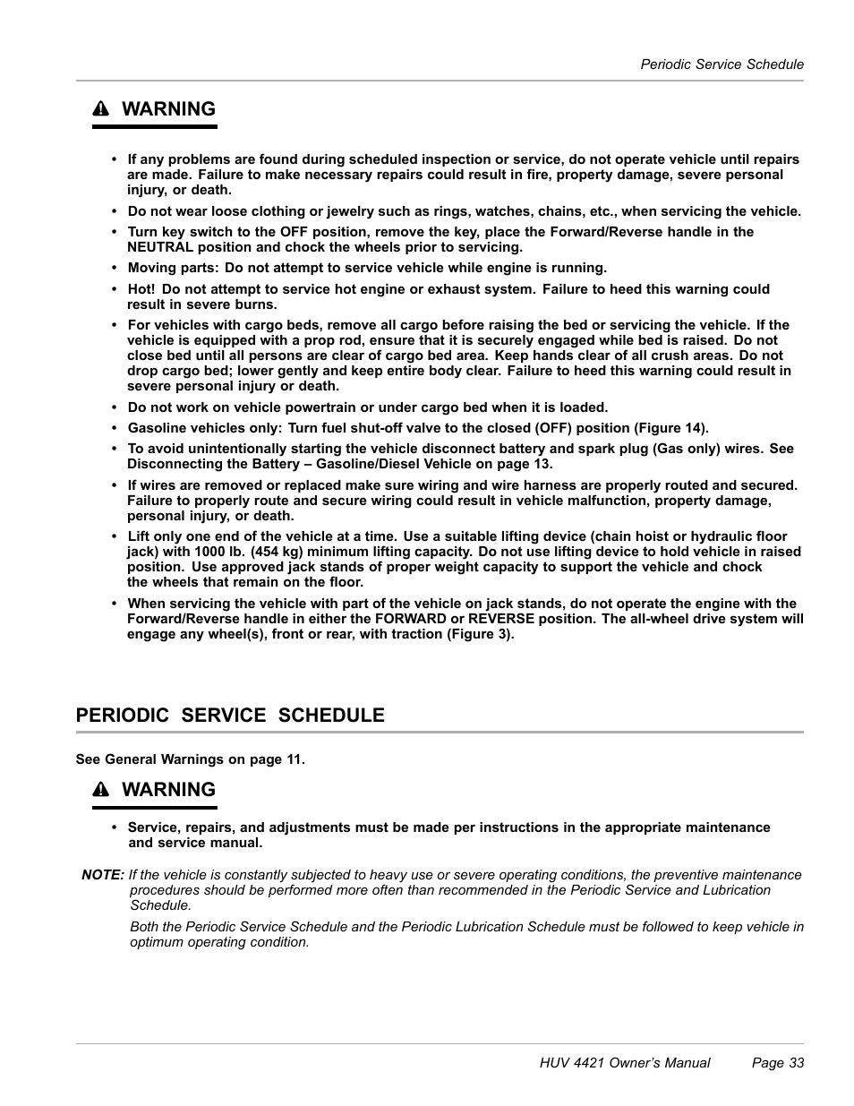 Periodic service schedule, Warning | Husqvarna HUV 4421 4421-G/GX/GXL User Manual | Page 35 / 68