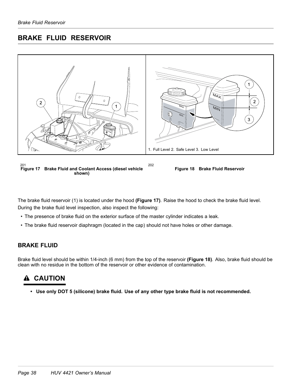 Brake fluid reservoir, Brake fluid, Caution | Husqvarna HUV 4421 4421-G/GX/GXL User Manual | Page 40 / 68