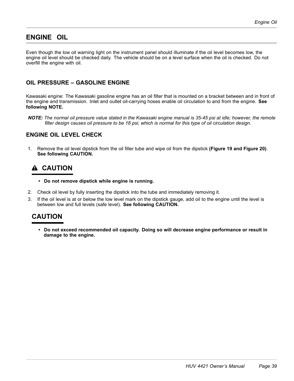 Engine oil, Oil pressure – gasoline engine, Engine oil level check | Caution | Husqvarna HUV 4421 4421-G/GX/GXL User Manual | Page 41 / 68