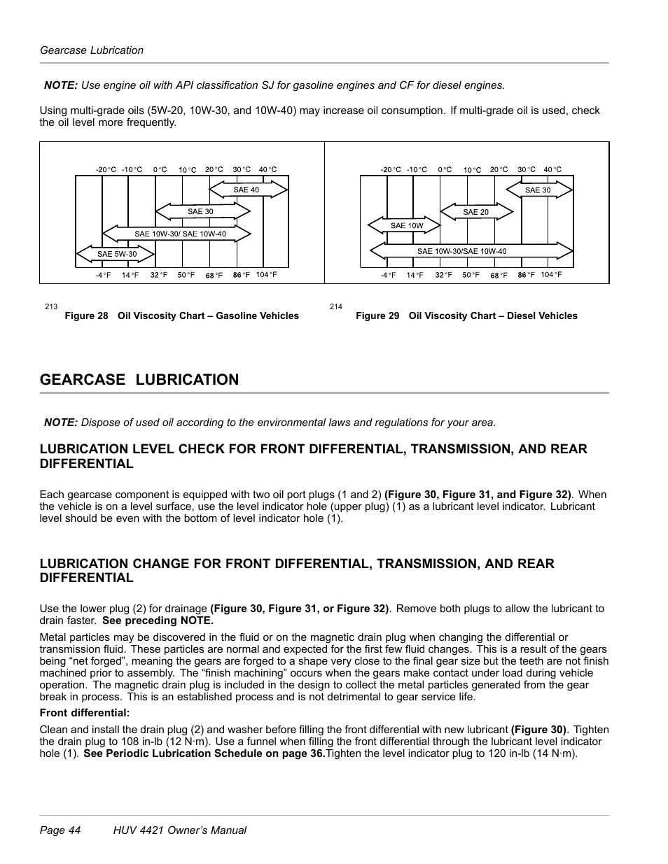 Gearcase lubrication, See lubrication level check for front, Differential, transmission, and rear | Figure 28, Figure 29), Figure 29 | Husqvarna HUV 4421 4421-G/GX/GXL User Manual | Page 46 / 68