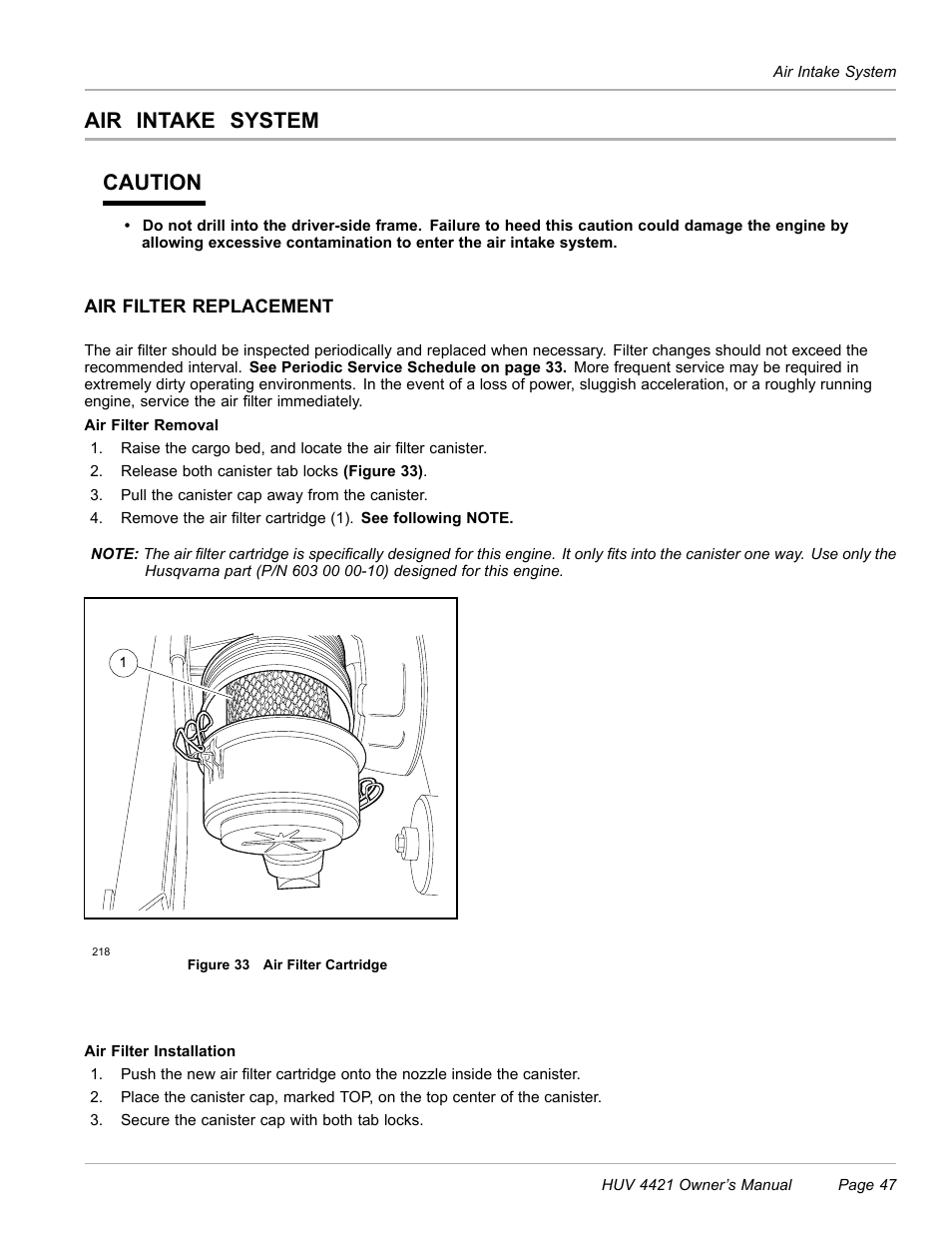 Air intake system, Air filter replacement, Air intake system caution | Husqvarna HUV 4421 4421-G/GX/GXL User Manual | Page 49 / 68