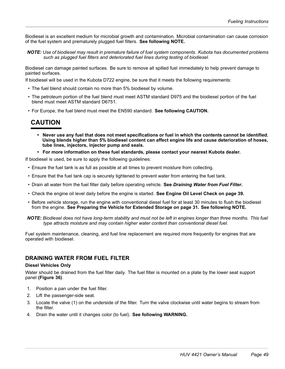 Draining water from fuel filter, See draining water from fuel filter on, Caution | Husqvarna HUV 4421 4421-G/GX/GXL User Manual | Page 51 / 68