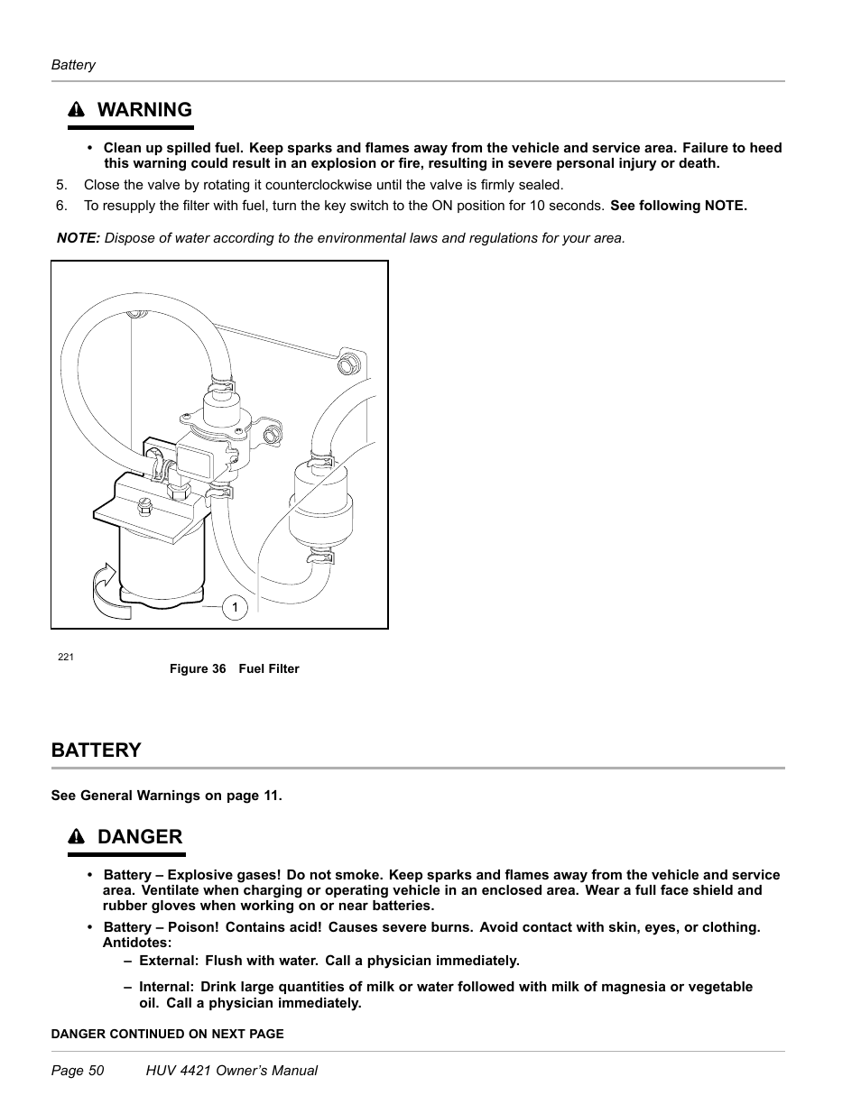 Battery, Figure 36), Warning | Danger | Husqvarna HUV 4421 4421-G/GX/GXL User Manual | Page 52 / 68