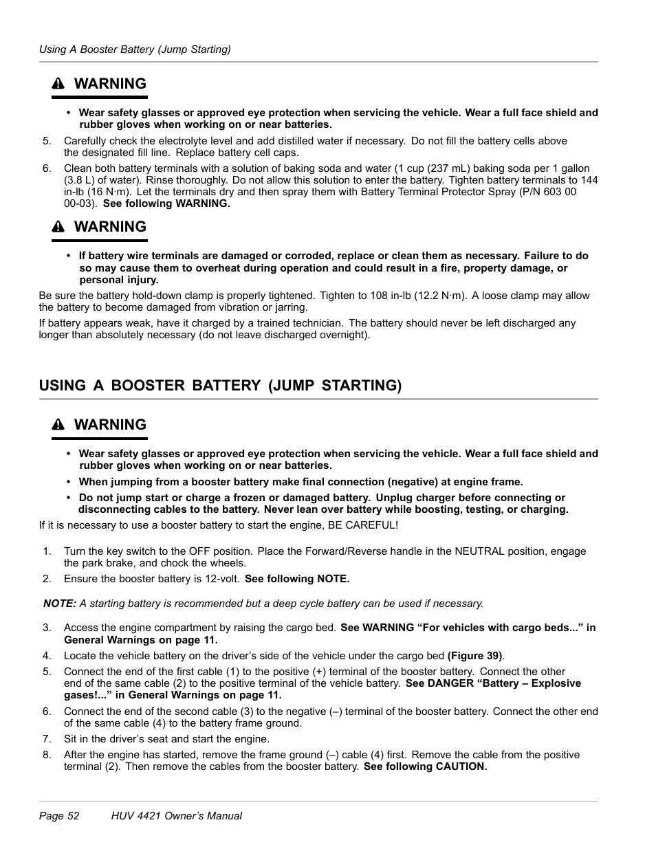 Using a booster battery (jump starting), Warning, Using a booster battery (jump starting) warning | Husqvarna HUV 4421 4421-G/GX/GXL User Manual | Page 54 / 68