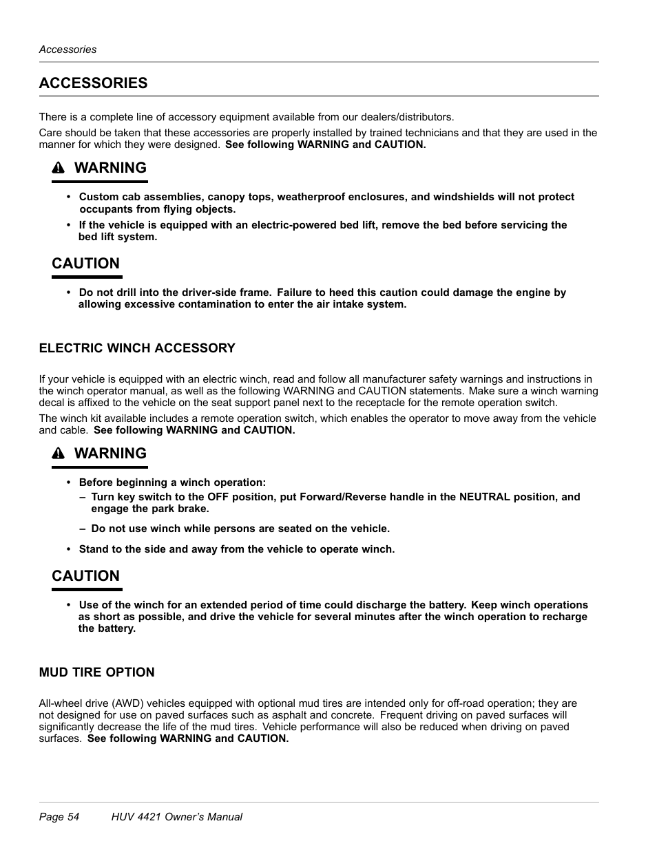 Accessories, Electric winch accessory, Mud tire option | Warning, Caution | Husqvarna HUV 4421 4421-G/GX/GXL User Manual | Page 56 / 68