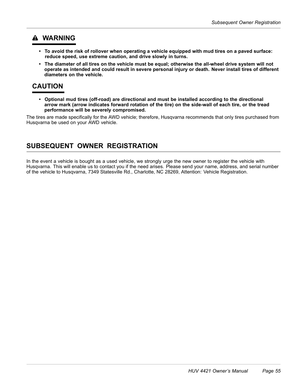 Subsequent owner registration, Warning, Caution | Husqvarna HUV 4421 4421-G/GX/GXL User Manual | Page 57 / 68