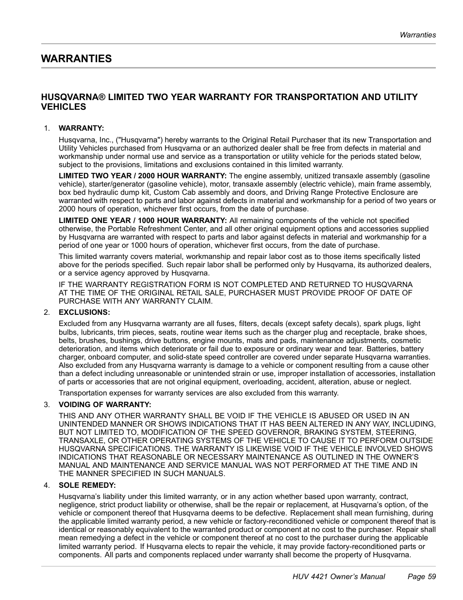 Warranties | Husqvarna HUV 4421 4421-G/GX/GXL User Manual | Page 61 / 68