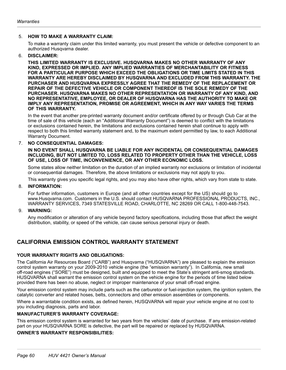 California emission control warranty statement | Husqvarna HUV 4421 4421-G/GX/GXL User Manual | Page 62 / 68