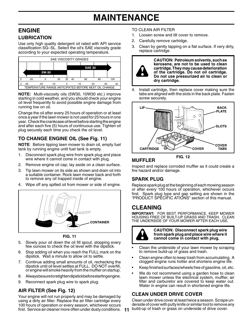 Maintenance, Engine, Cleaning | Lubrication, Air filter (see fig. 12), Muffler, Spark plug, Clean under drive cover | Husqvarna 62522SH User Manual | Page 11 / 20