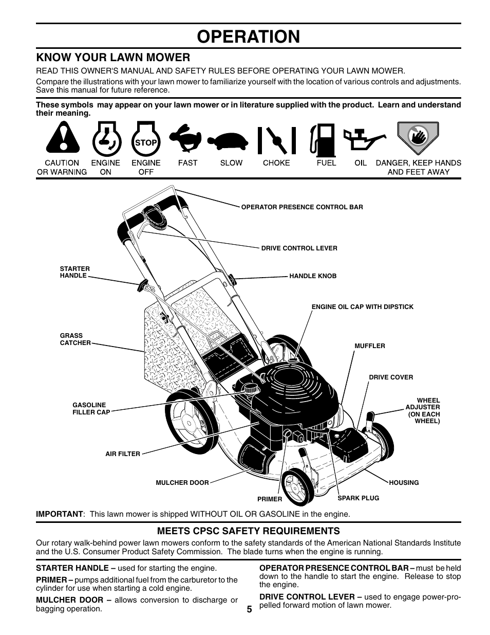 Operation, Know your lawn mower, Meets cpsc safety requirements | Husqvarna 62522SH User Manual | Page 5 / 20