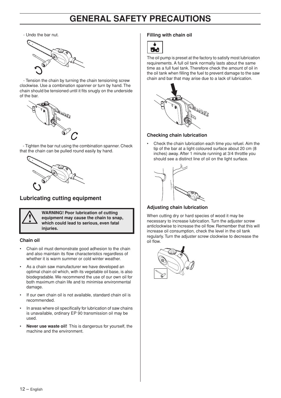 Lubricating cutting equipment, General safety precautions | Husqvarna 323P4 User Manual | Page 12 / 32
