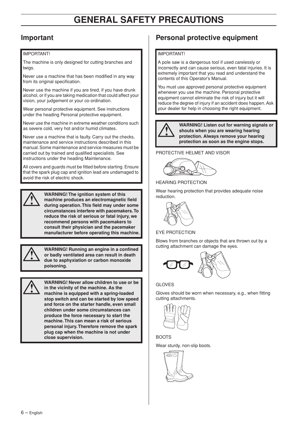 Important, Personal protective equipment, General safety preca utions | Impor tant personal protective equipment | Husqvarna 323P4 User Manual | Page 6 / 32