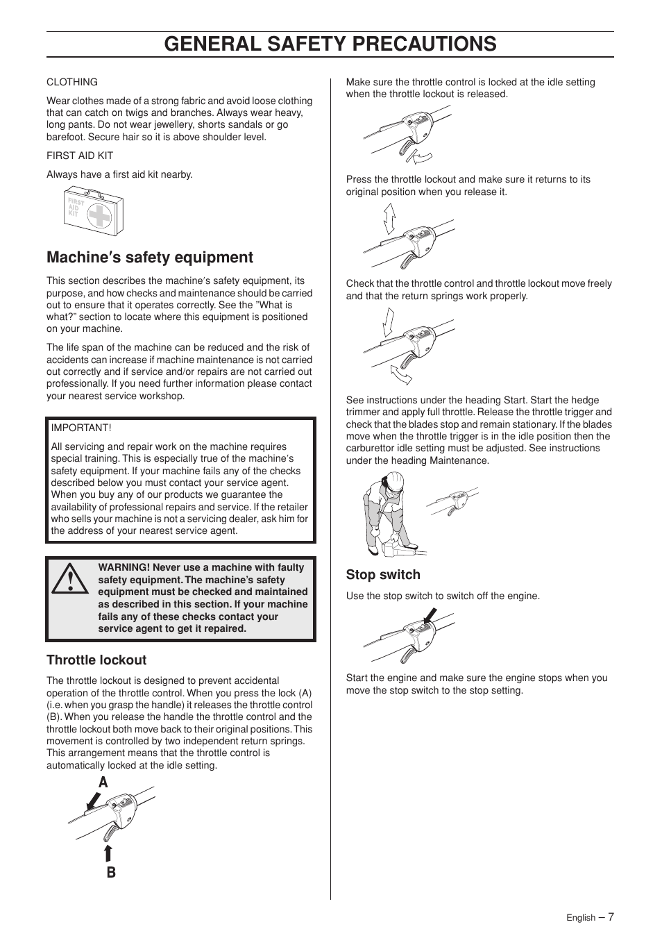 Machine¢s safety equipment, Throttle lockout, Stop switch | General safety preca utions, Mac hine ′′′′ s safety equipment | Husqvarna 323P4 User Manual | Page 7 / 32