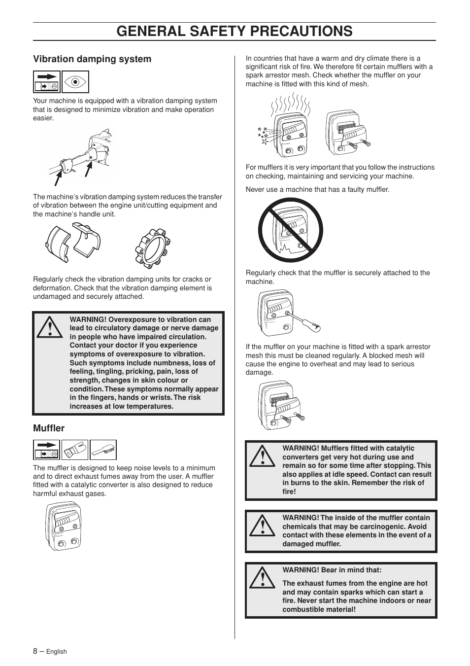Vibration damping system, Muffler, General safety preca utions | Husqvarna 323P4 User Manual | Page 8 / 32