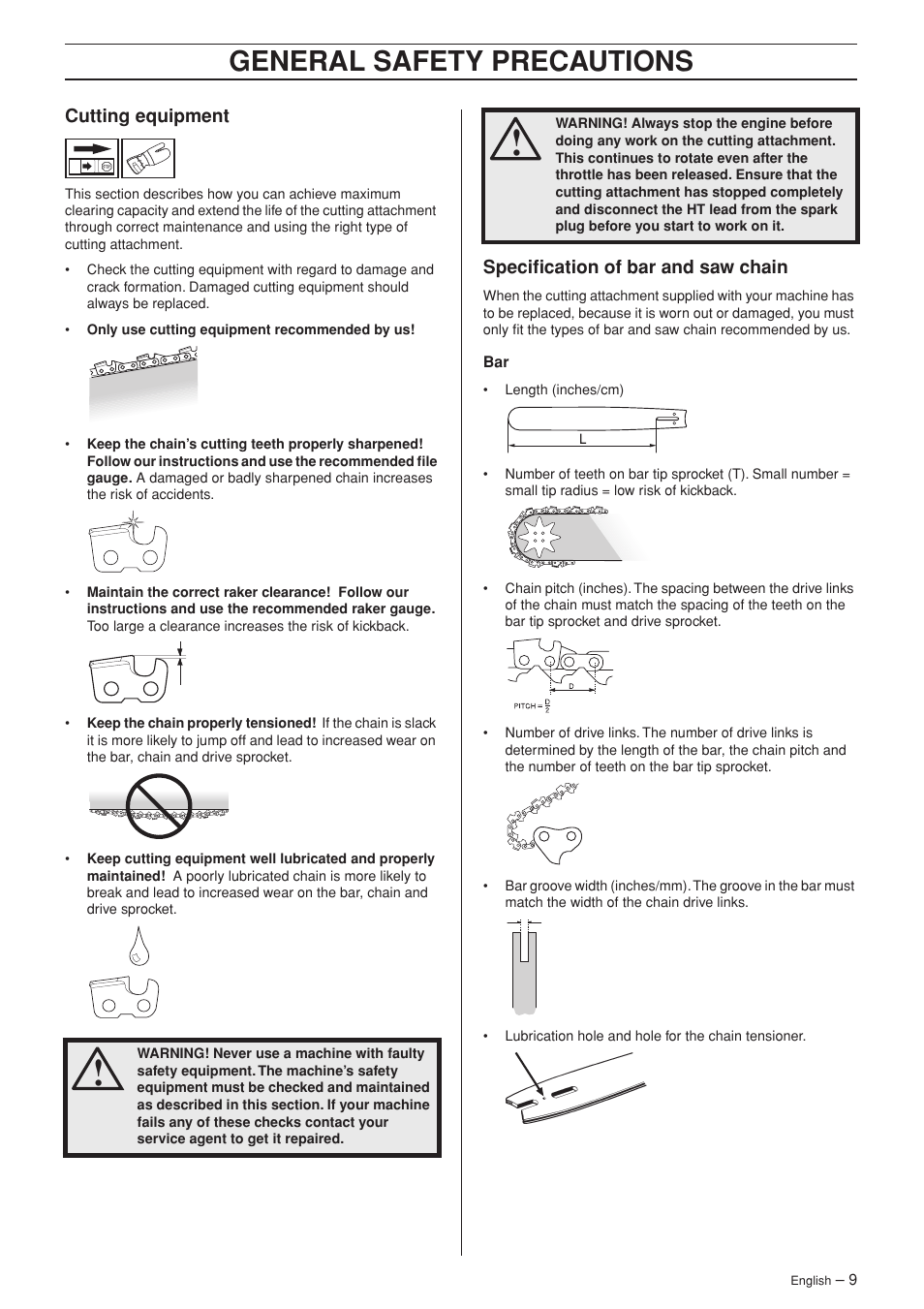 Cutting equipment, Specification of bar and saw chain, General safety precautions | Husqvarna 323P4 User Manual | Page 9 / 32