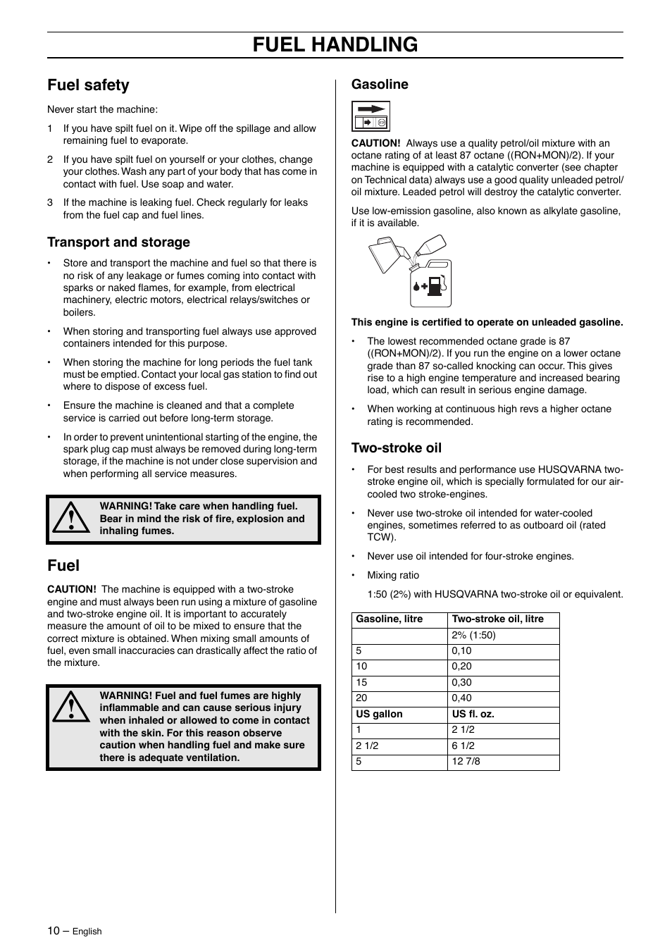 Fuel safety, Transport and storage, Fuel | Gasoline, Two-stroke oil, Fuel handling | Husqvarna 326SX-Series User Manual | Page 10 / 24