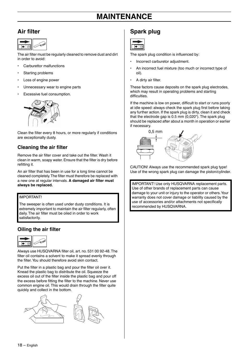 Air filter, Cleaning the air filter, Oiling the air filter | Spark plug, Maintenance | Husqvarna 326SX-Series User Manual | Page 18 / 24