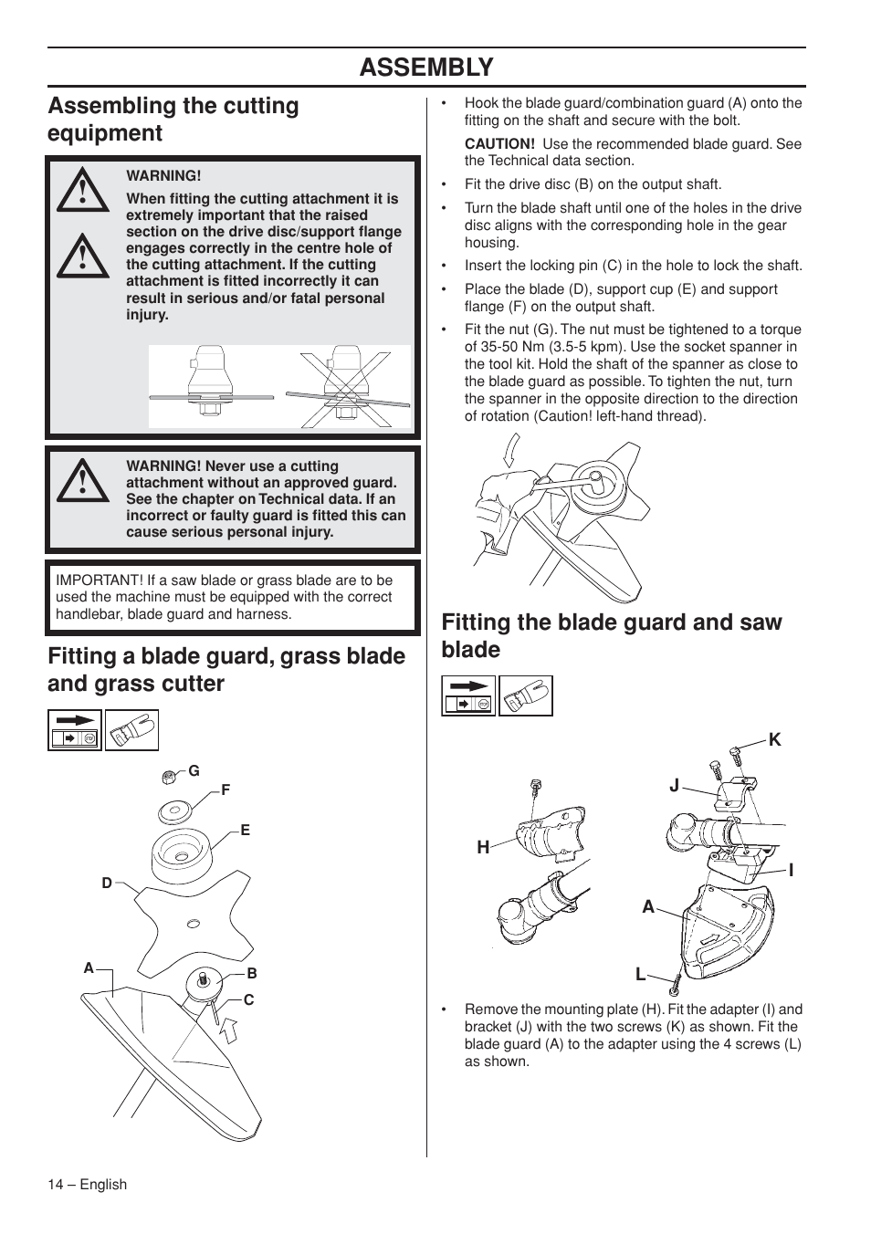 Assembling the cutting equipment, Fitting the blade guard and saw blade, Assembly | Husqvarna 327RX User Manual | Page 14 / 44