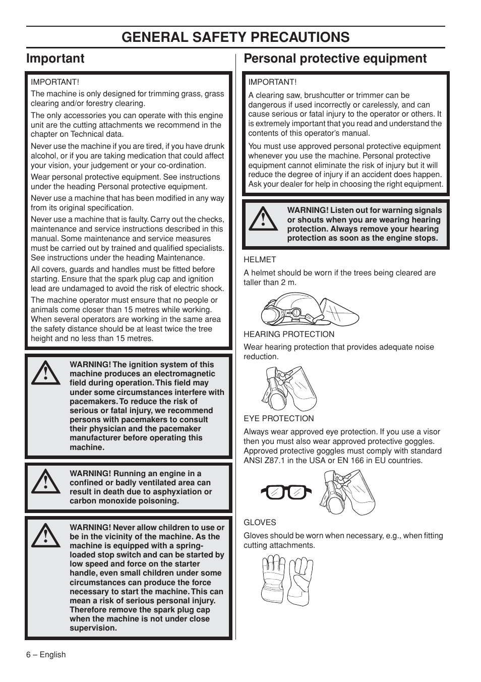 Important, Personal protective equipment, General safety preca utions | Impor tant personal protective equipment | Husqvarna 327RX User Manual | Page 6 / 44