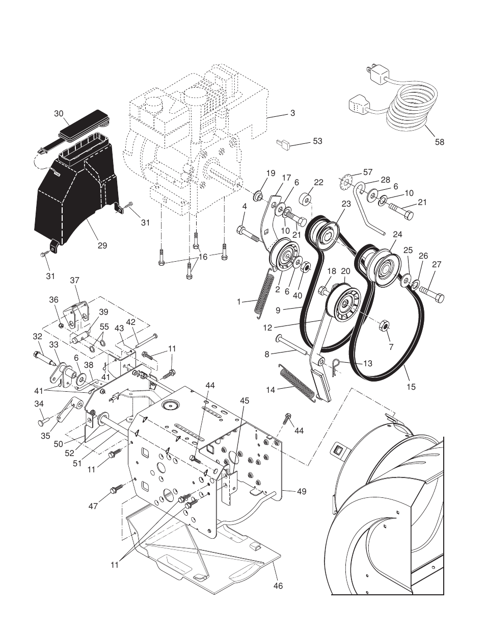 Chassis / engine / pulleys, Repair parts chassis / engine / pulleys | Husqvarna 5524STE User Manual | Page 28 / 32