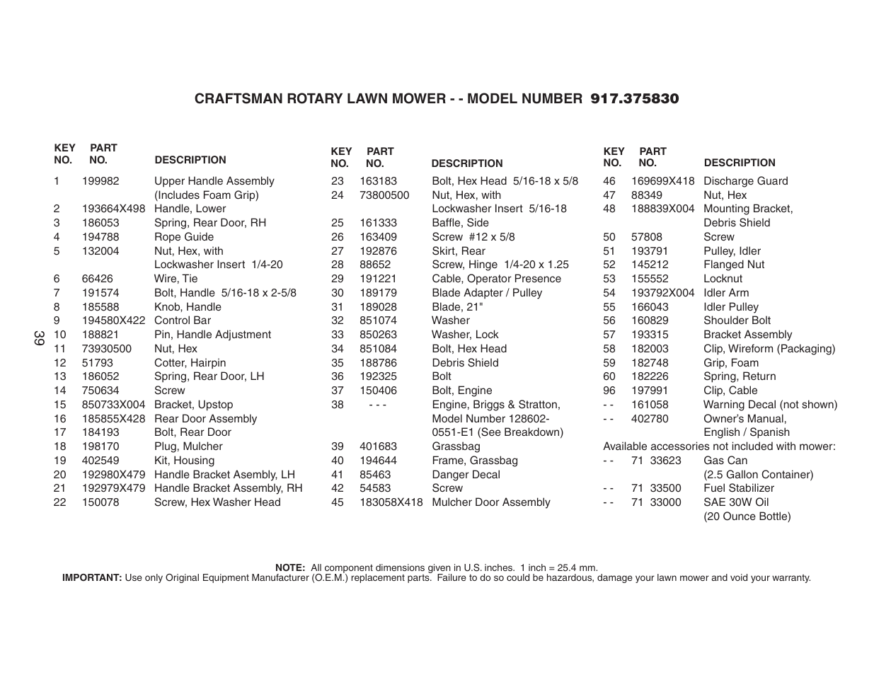 Parts list | Husqvarna 917.37583 User Manual | Page 21 / 30