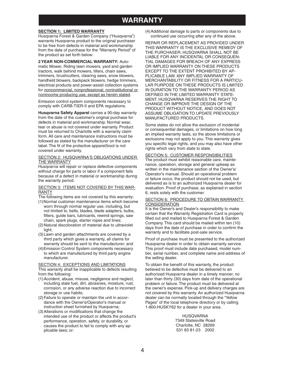 Warranty | Husqvarna 917.37583 User Manual | Page 4 / 30