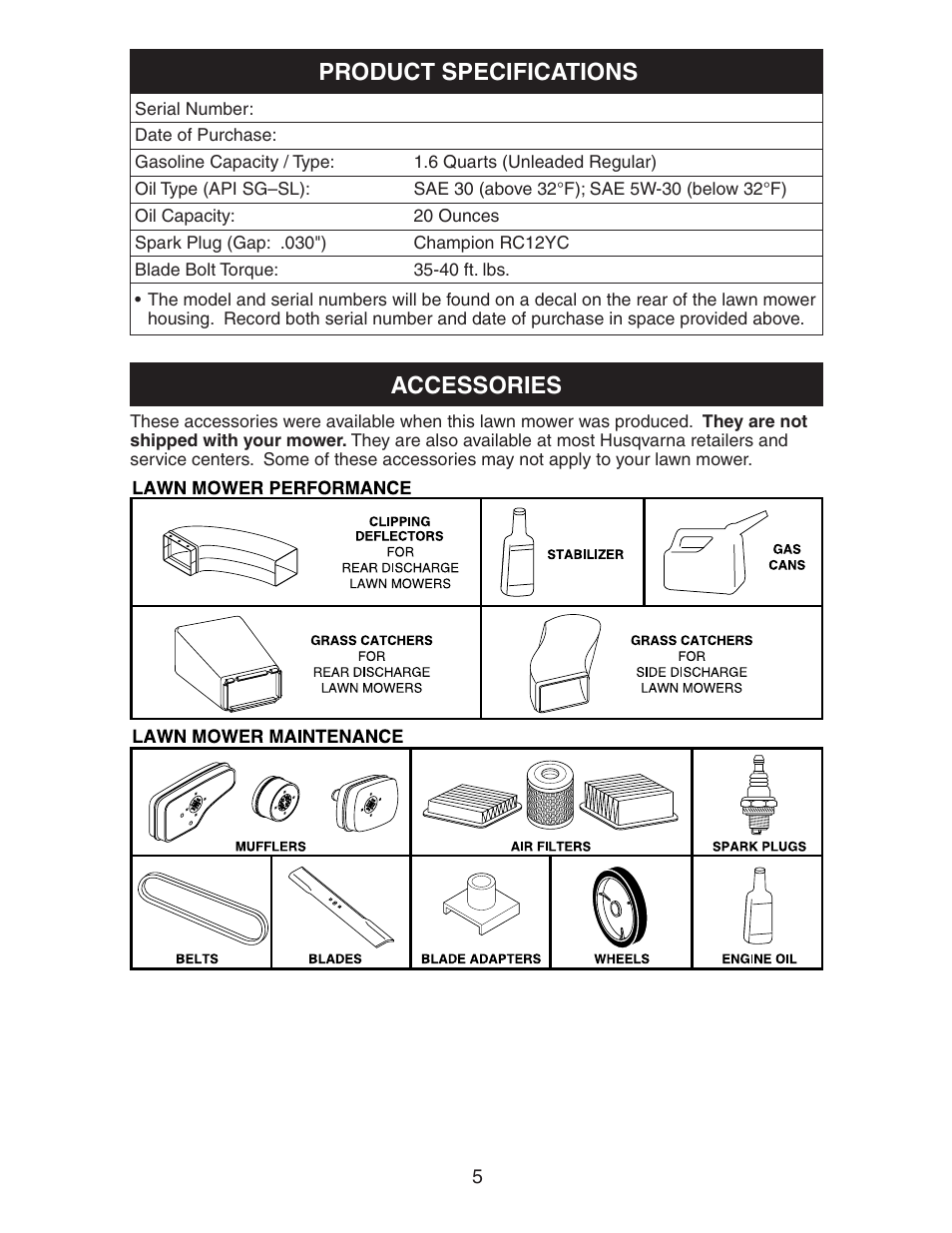 Product spec's, Accessories, Product specifications accessories | Husqvarna 917.37583 User Manual | Page 5 / 30