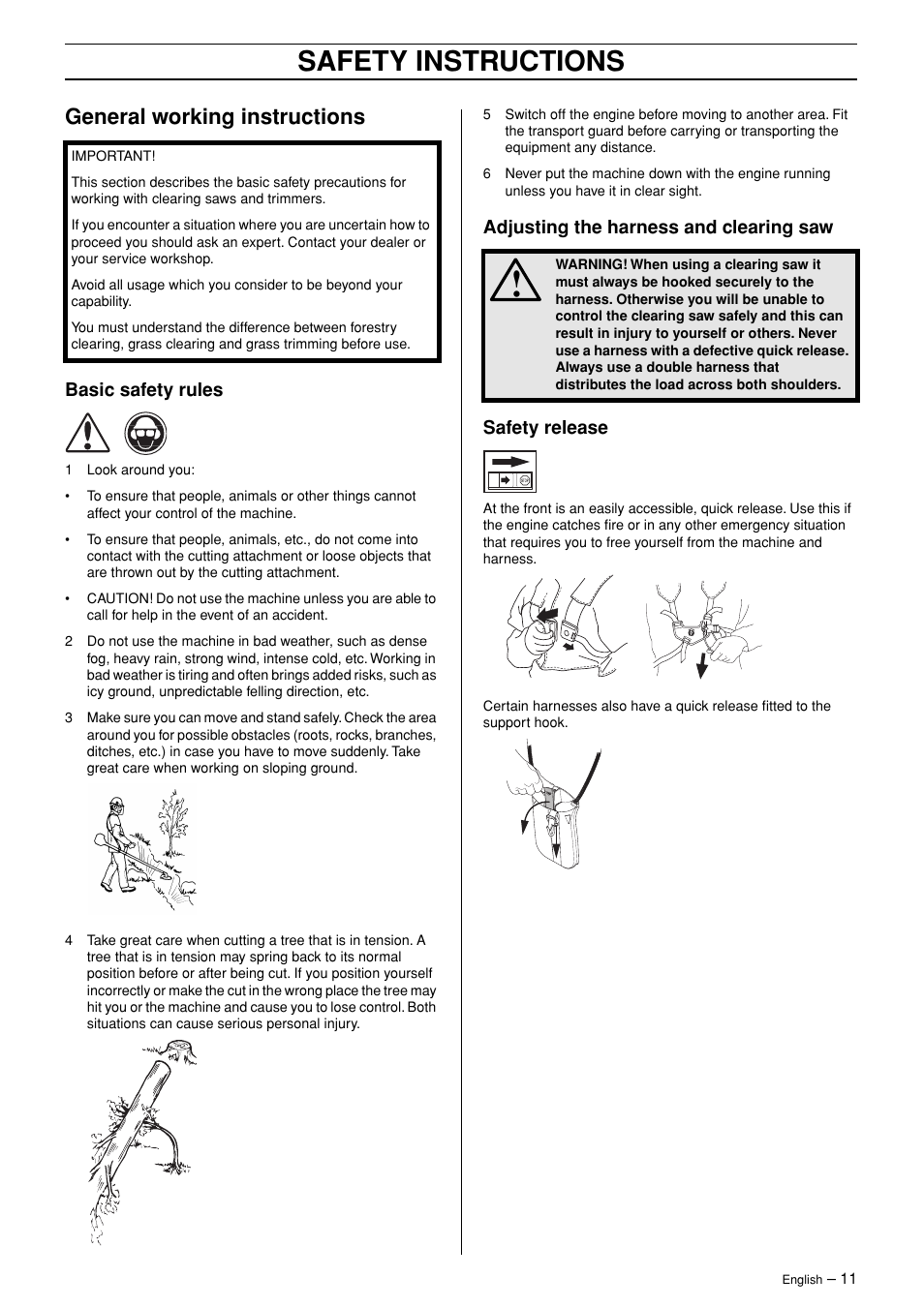 General working instructions, Basic safety rules, Adjusting the harness and clearing saw | Safety release, Safety instructions | Husqvarna 245R User Manual | Page 11 / 43