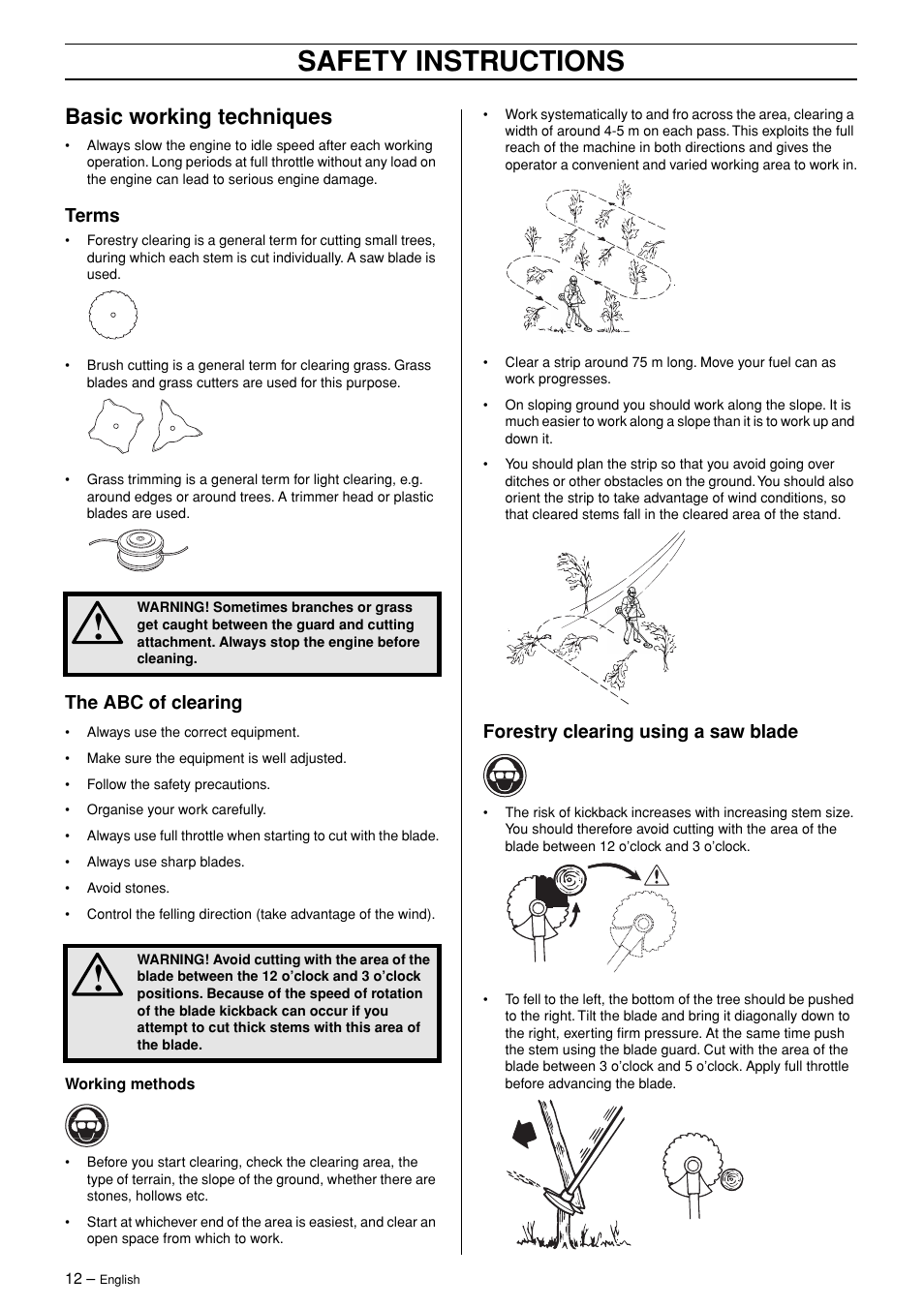 Basic working techniques, Terms, The abc of clearing | Forestry clearing using a saw blade, Safety instructions | Husqvarna 245R User Manual | Page 12 / 43