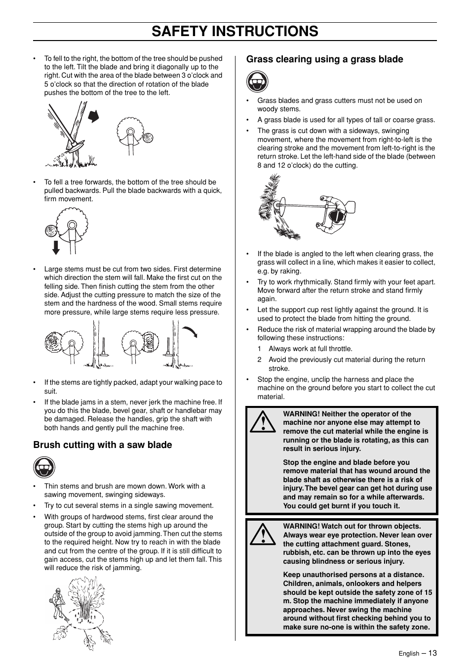 Brush cutting with a saw blade, Grass clearing using a grass blade, Safety instructions | Husqvarna 245R User Manual | Page 13 / 43