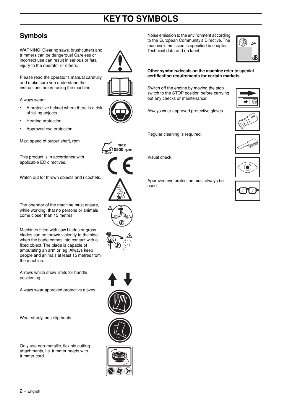 Symbols, Key to symbols | Husqvarna 245R User Manual | Page 2 / 43