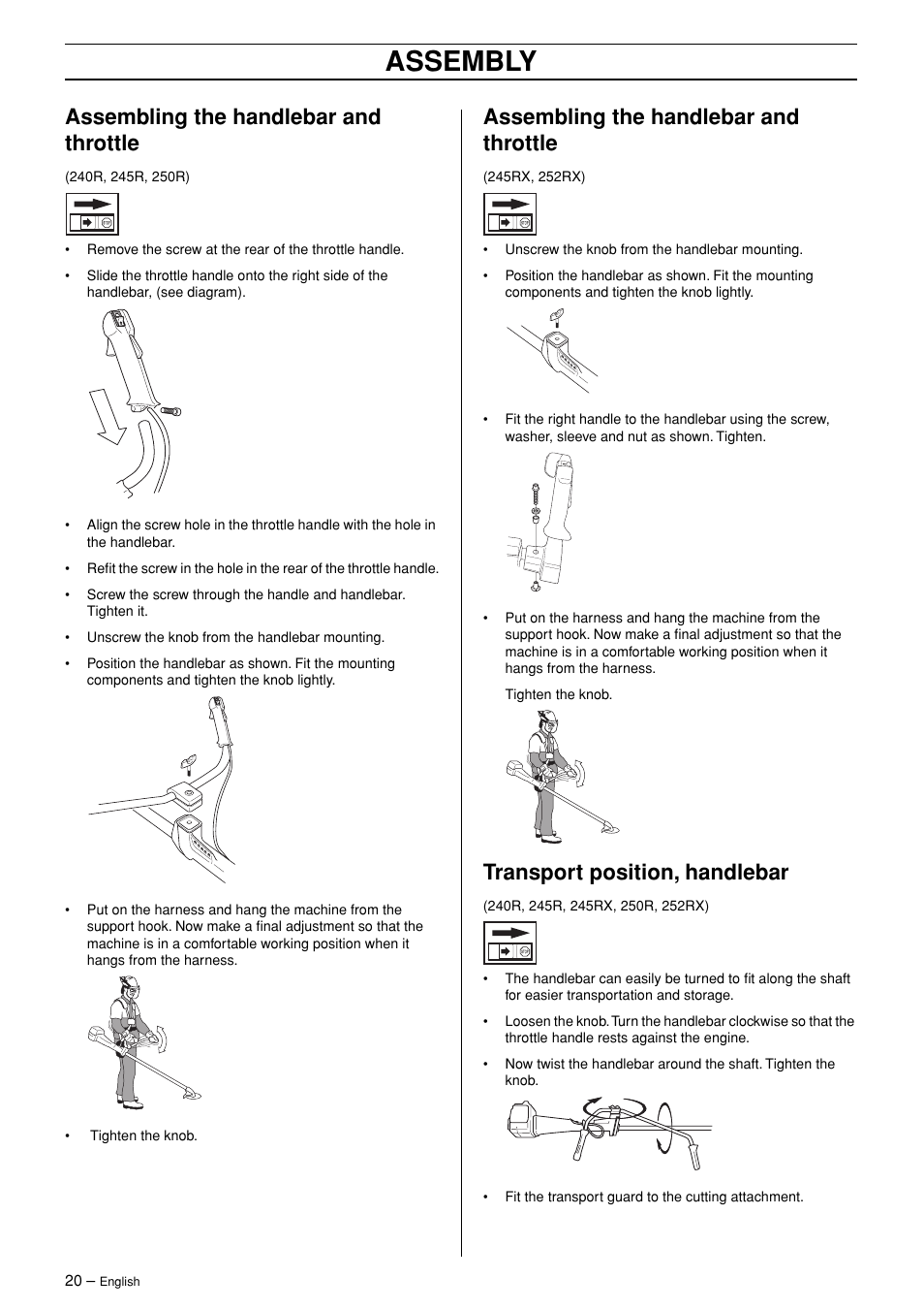 Assembling the handlebar and throttle, Transport position, handlebar, Assembly | Husqvarna 245R User Manual | Page 20 / 43
