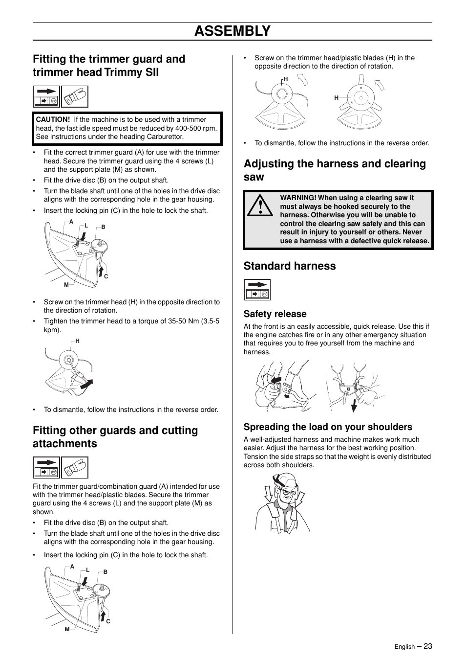 Fitting other guards and cutting attachments, Adjusting the harness and clearing saw, Standard harness | Safety release, Spreading the load on your shoulders, Assembly | Husqvarna 245R User Manual | Page 23 / 43