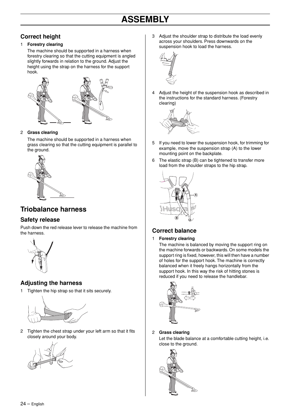 Correct height, Triobalance harness, Safety release | Adjusting the harness, Correct balance, Assembly | Husqvarna 245R User Manual | Page 24 / 43