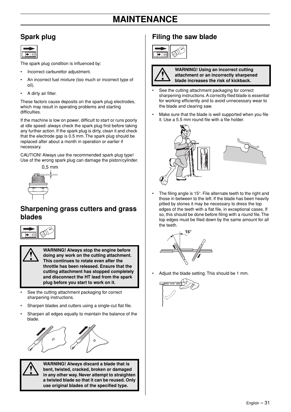 Spark plug, Sharpening grass cutters and grass blades, Filing the saw blade | Maintenance | Husqvarna 245R User Manual | Page 31 / 43